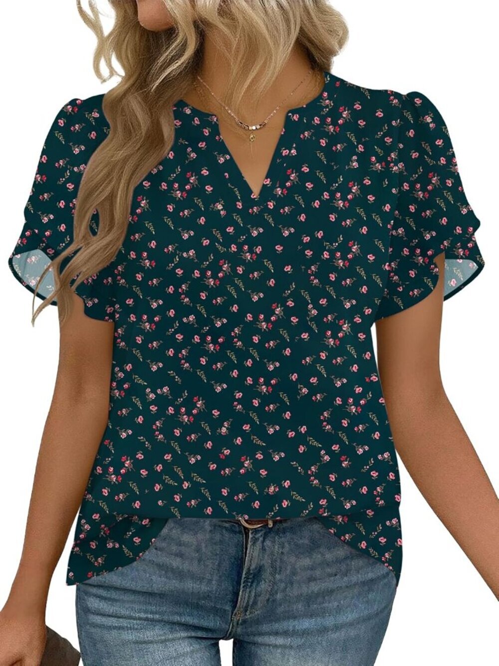 Women's Dark Green Floral Short Sleeve V Neck Imported Casual Blouse Tops Shirts - Picture 2 of 6